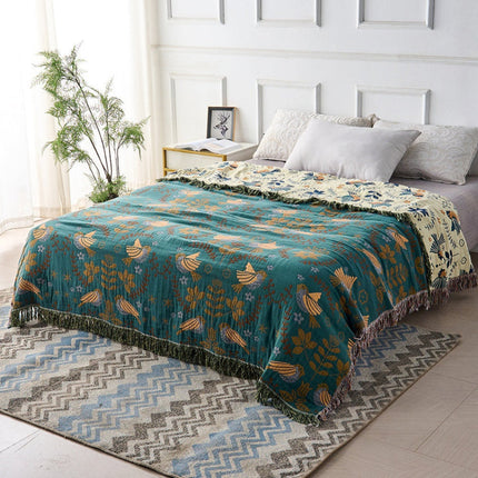 Scandinavian Bird Blanket Throw with Reversible Design & Fringe Edges | Versatile Home Accent for Sofas and Beds
