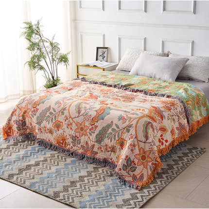 Boho Floral Throw Blanket with Playful Fringe | Cozy 100% Cotton Blanket for Stylish Home Decor