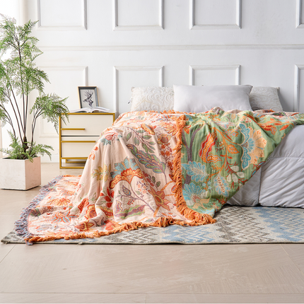 Boho Floral Throw Blanket with Playful Fringe | Cozy 100% Cotton Blanket for Stylish Home Decor