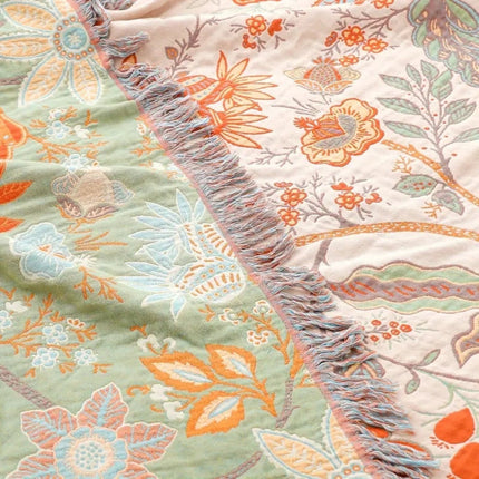 Boho Floral Throw Blanket with Playful Fringe | Cozy 100% Cotton Blanket for Stylish Home Decor