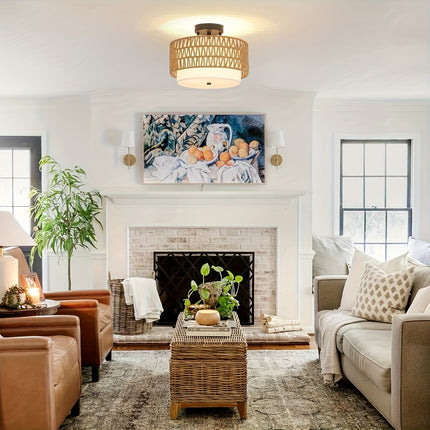 Boho Rattan Ceiling Light with Linen Shade | Semi-Flush Mount for Warm Ambient Glow