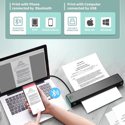 Portable A4 Thermal Printer, Inkless Mobile Document Printer with 13mm/s Monochrome Printing