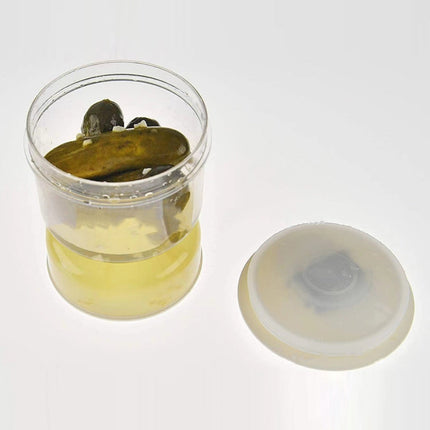 Dual Chamber Pickle and Olive Jar with Flip to Drain Strainer and Brine Catch Base for Fridge Storage