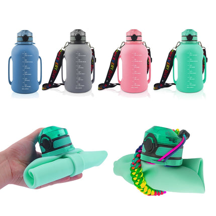 Collapsible Water Bottle, 2L Large Capacity Jug with Time Markers and Carry Strap, for Gym and Travel