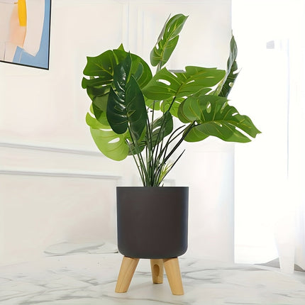 Modern Round Planter with Detachable Wooden Legs | Lightweight Plastic Pot for Indoor & Outdoor Decor