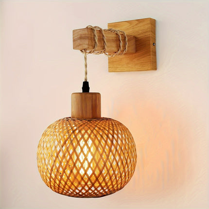 Rustic Wooden Wall Sconce with Handwoven Rattan | Warm Ambient Lighting for Natural-Inspired Interiors