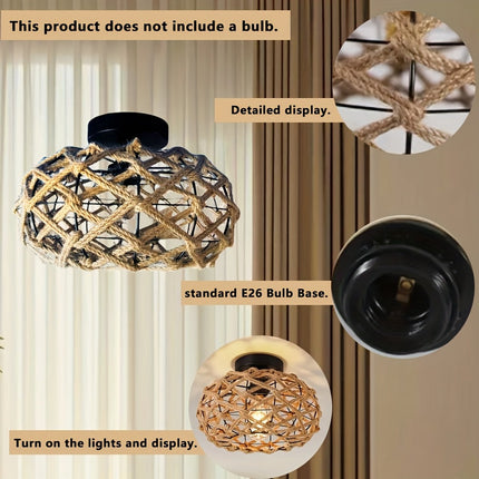 Bohemian Hemp Rope Ceiling Light with Handwoven Design | Rustic Flush Mount for Warm Ambient Glow
