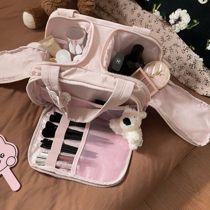 Travel Makeup Organizer Bag with Divided Compartments, Lay Flat Opening and Padded Soft Lining, Beige or Pink