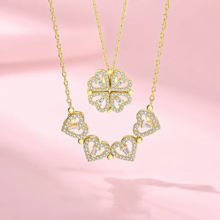 Clover Necklace, Convertible 4 Heart Pendant Worn 2 Ways as a Row of Hearts or a Clover Charm, Gift for Her