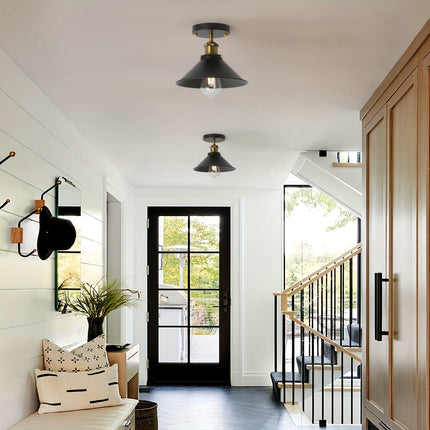 Industrial Black Semi Flush Mount Ceiling Light with Brass Accents | Retro Lighting for Dining Rooms and Cafés