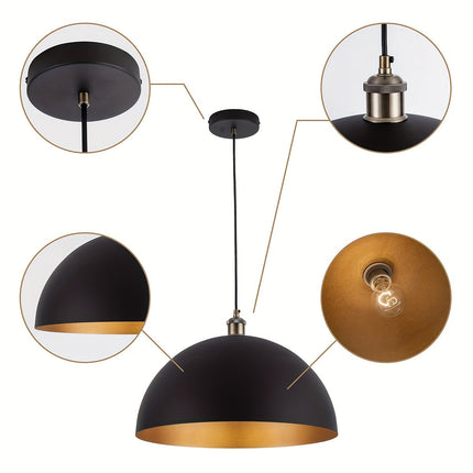 Vintage Industrial Dome Pendant Light with Adjustable Height | Black Iron Shade for Warm Reflective Illumination