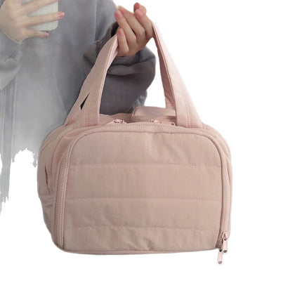 Travel Makeup Organizer Bag with Divided Compartments, Lay Flat Opening and Padded Soft Lining, Beige or Pink