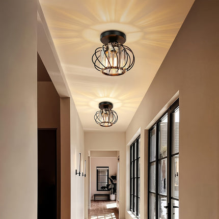 Modern Industrial Cage Ceiling Light with Glass Shade | Durable Polished Metal Fixture for Stylish Illumination