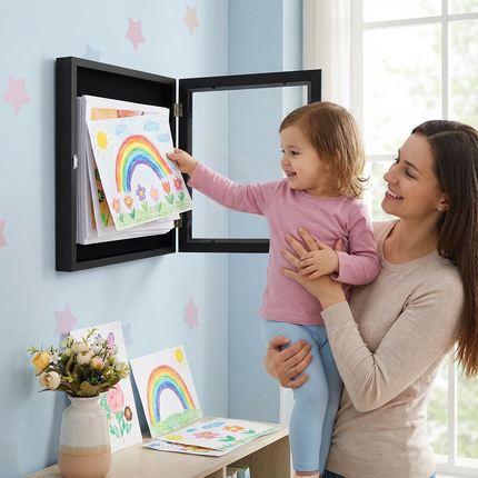 Wall-Mounted Children's Art Display Frame with Easy-Open Front | Holds Up to 150 Drawings for Stylish Organization