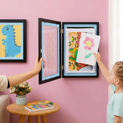 Wall-Mounted Children's Art Display Frame with Easy-Open Front | Holds Up to 150 Drawings for Stylish Organization