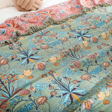 Reversible Cotton Throw Blanket with Floral Design | Soft Woven Quilt for Year-Round Comfort and Home Decor