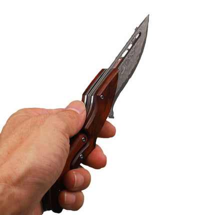 Damascus Steel Folding Pocket Knife, Wood Handle Everyday Carry Knife for Camping and Outdoor Tasks