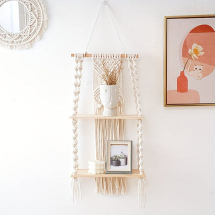 Boho Macrame Wall Shelf with 2-Tier Design | Natural Wood & Cotton Rope for Stylish Space-Saving Storage