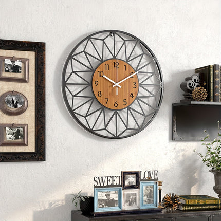 Modern Wall Clock with Silent Quartz Movement | Stylish Metal Frame & Wood Grain Center for Tranquil Interiors