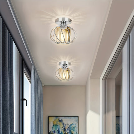Modern Industrial Cage Ceiling Light with Glass Shade | Durable Polished Metal Fixture for Stylish Illumination