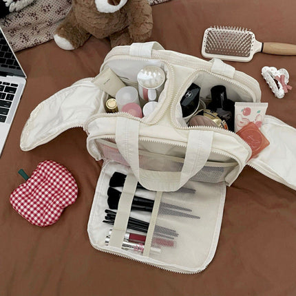 Travel Makeup Organizer Bag with Divided Compartments, Lay Flat Opening and Padded Soft Lining, Beige or Pink