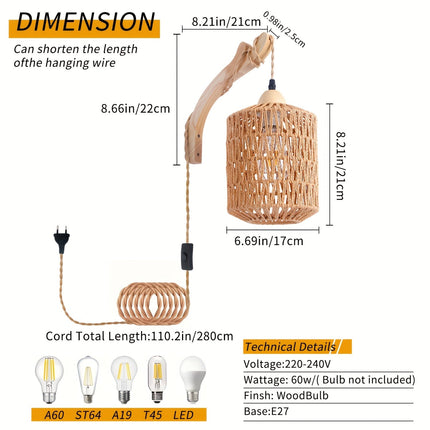 Boho Rattan Wall Lamp with Adjustable Cord | Hand-Woven Lighting for Cozy Spaces