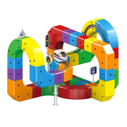 Motorized Train Track Set, Modular 3D Clip-Fit Pieces, Vertical Loops and Bridges, Creative Building Toy for Kids