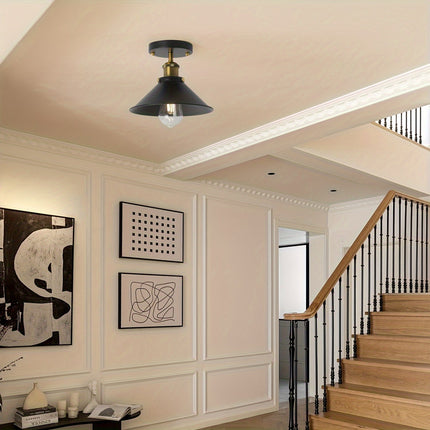 Industrial Black Semi Flush Mount Ceiling Light with Brass Accents | Retro Lighting for Dining Rooms and Cafés