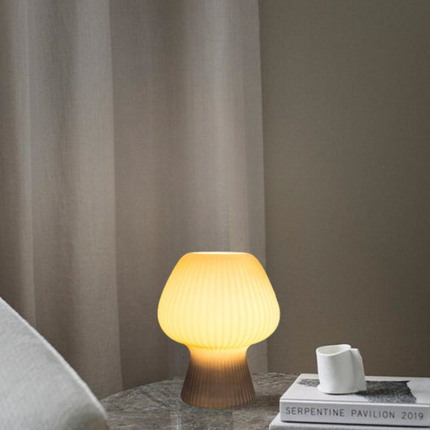 Vintage Glass Table Lamp with Dimmable Warm Light | Ribbed Mushroom Design for Cozy Bedrooms and Living Spaces