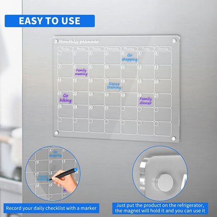Magnetic Dry Erase Calendar for Fridge, 40x30cm 16x12 in Clear Acrylic Board with 4 Magnets and Markers