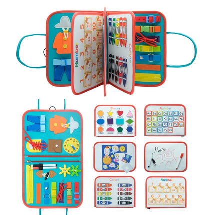 Toddler Busy Book, Quiet Activity Book with Buckles, Zippers, Laces, Counting Board and Reusable Drawing Board for Preschool Kids