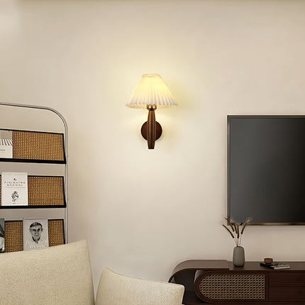 Nordic Wooden Wall Sconce with Pleated Shade | Elegant Ambient Lighting for Bedrooms and Living Spaces