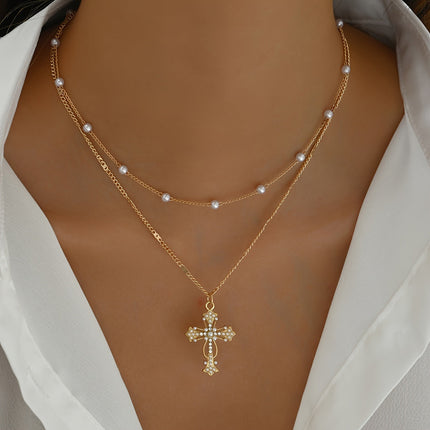 Layered Cross Necklace in Gold with Beaded Accents | Elegant Faith-Inspired Jewelry for Everyday Wear
