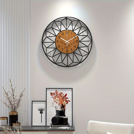 Modern Wall Clock with Silent Quartz Movement | Stylish Metal Frame & Wood Grain Center for Tranquil Interiors