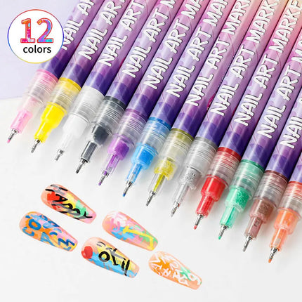 Nail Art Pen Set with 12 Colors and Fine Tip for DIY Manicure Designs at Home for Beginners