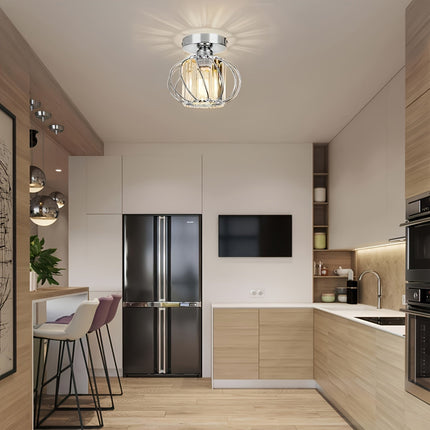 Modern Industrial Cage Ceiling Light with Glass Shade | Durable Polished Metal Fixture for Stylish Illumination
