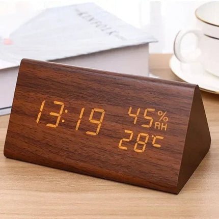 Modern LED Alarm Clock with Adjustable Brightness & Three Alarms | Stylish Wooden Design for Time Management