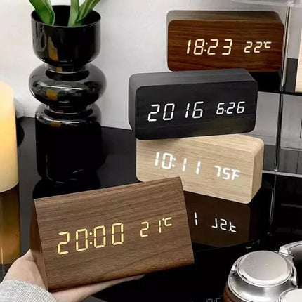 Modern LED Alarm Clock with Adjustable Brightness & Three Alarms | Stylish Wooden Design for Time Management