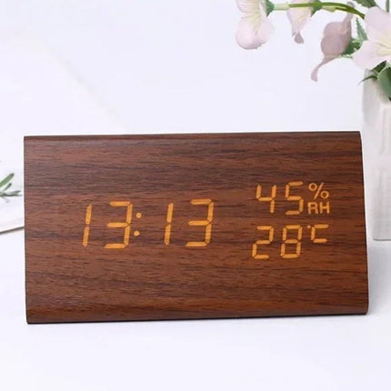 Modern LED Alarm Clock with Adjustable Brightness & Three Alarms | Stylish Wooden Design for Time Management