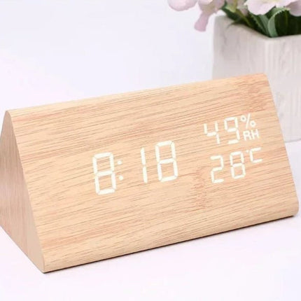 Modern LED Alarm Clock with Adjustable Brightness & Three Alarms | Stylish Wooden Design for Time Management