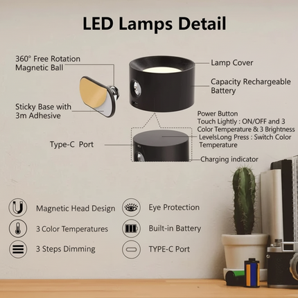 Rechargeable LED Wall Light with 360° Adjustable Magnetic Mount | Customizable Lighting with Three Brightness Levels