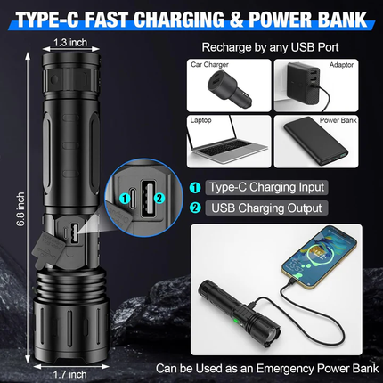 Rechargeable Flashlights, High Lumen Flashlight with Power Bank