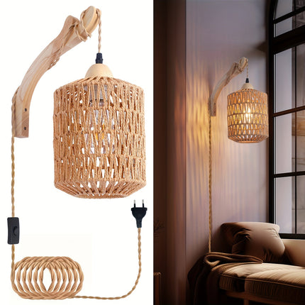 Boho Rattan Wall Lamp with Adjustable Cord | Hand-Woven Lighting for Cozy Spaces