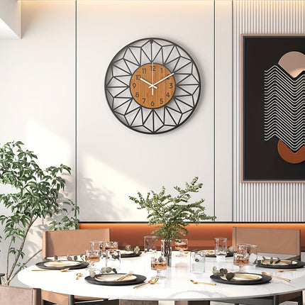 Modern Wall Clock with Silent Quartz Movement | Stylish Metal Frame & Wood Grain Center for Tranquil Interiors