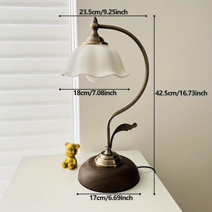 Table Lamp for Bedroom, Vintage Brass Table Lamp with Floral Glass Shade, USB Gooseneck Bedside Lamp for Reading_03