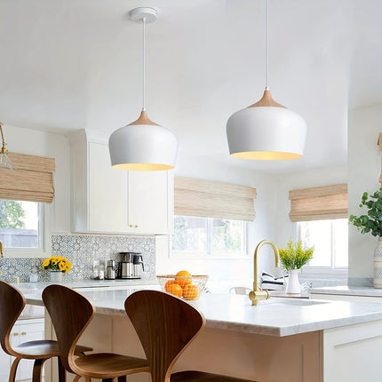Scandinavian Pendant Light with Matte Metal Shade & Wood Grain Accent | Elegant Illumination for Kitchen and Dining Spaces