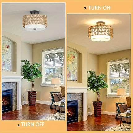Boho Rattan Ceiling Light with Linen Shade | Semi-Flush Mount for Warm Ambient Glow