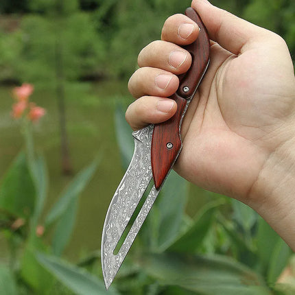 Damascus Steel Folding Pocket Knife, Wood Handle Everyday Carry Knife for Camping and Outdoor Tasks
