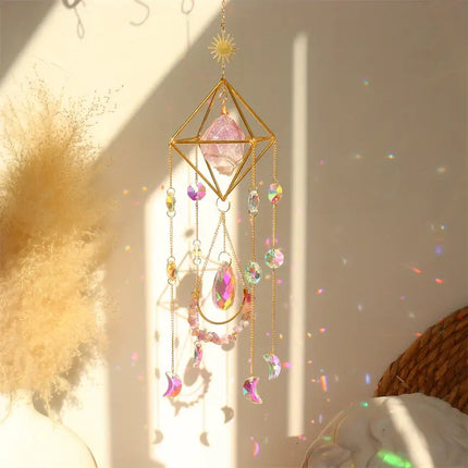 Hanging Crystal Suncatcher for Windows, Rainbow Prism Decor with Rose Quartz, Fluorite and Amethyst, 5 Colors