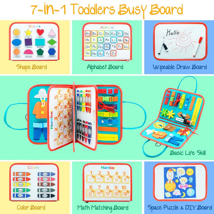 Toddler Busy Book, Quiet Activity Book with Buckles, Zippers, Laces, Counting Board and Reusable Drawing Board for Preschool Kids